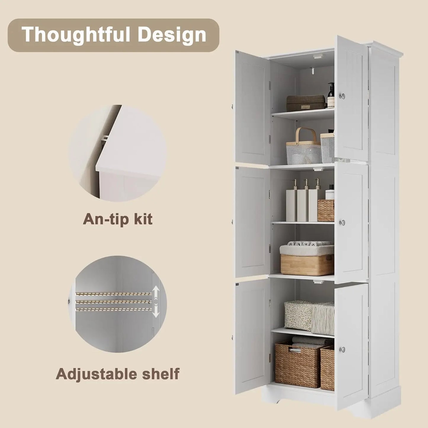 Bathroom Storage Cabinet With 6 Doors And Adjustable Shelves