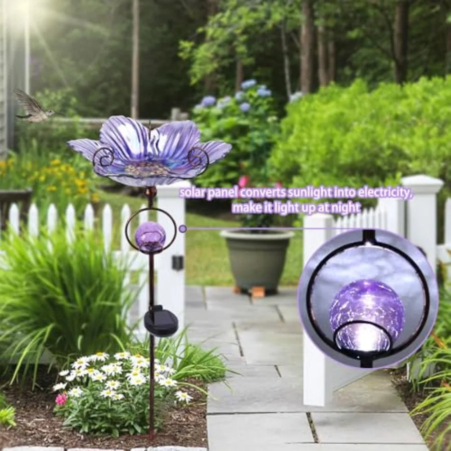 Glass Bird Bath Outdoor Decor With Solar Crackle Globe Lights