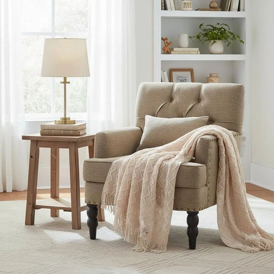 Linen Fabric Upholstered Accent Chair With Lumbar Pillow