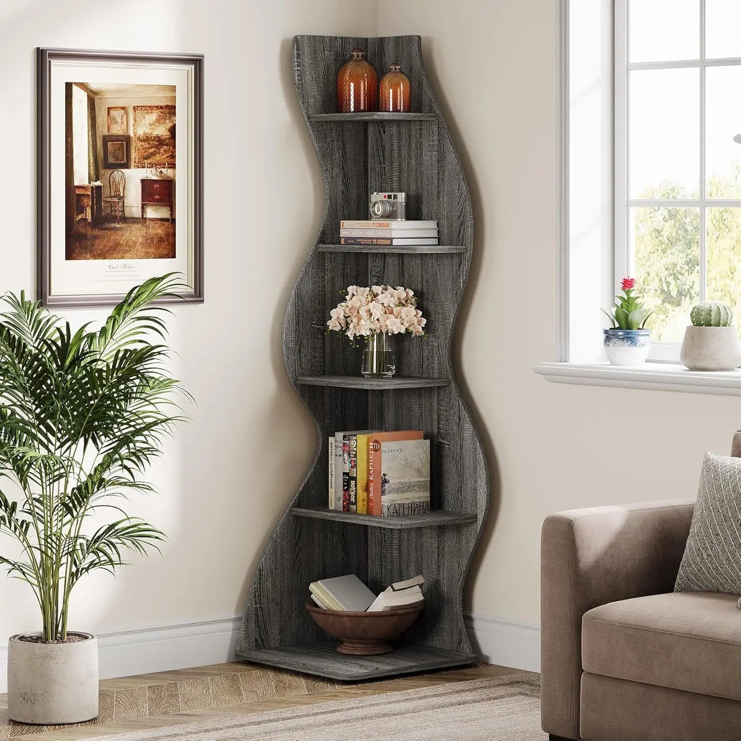 Modern 5-Tier Curvy Corner Shelf Rack For Living Room
