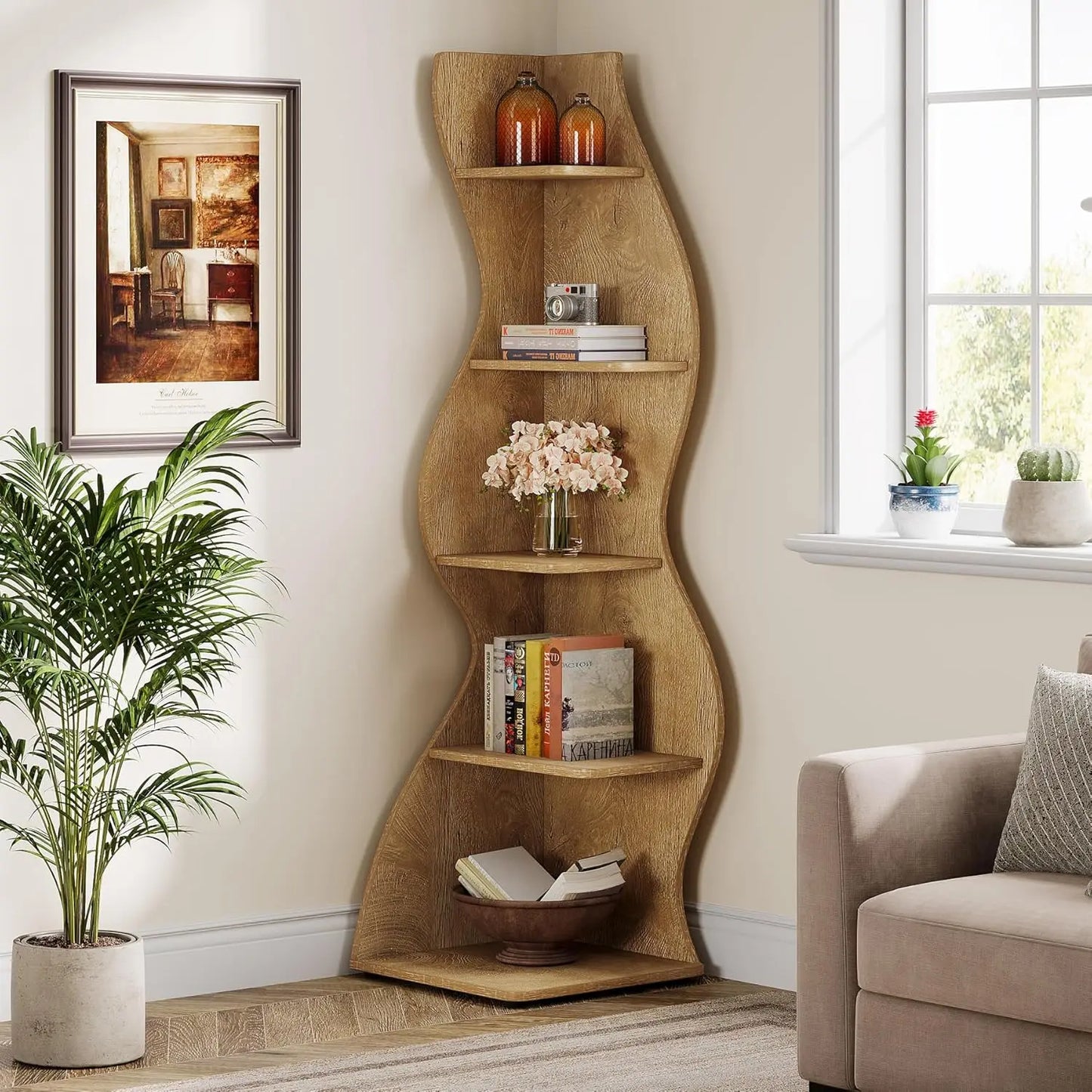 Modern 5-Tier Curvy Corner Shelf Rack For Living Room