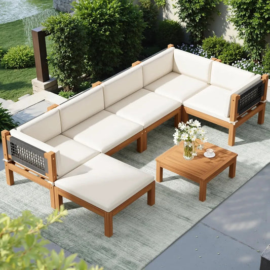 Acacia Wood Outdoor 7 Piece Patio Sofa Set With Table