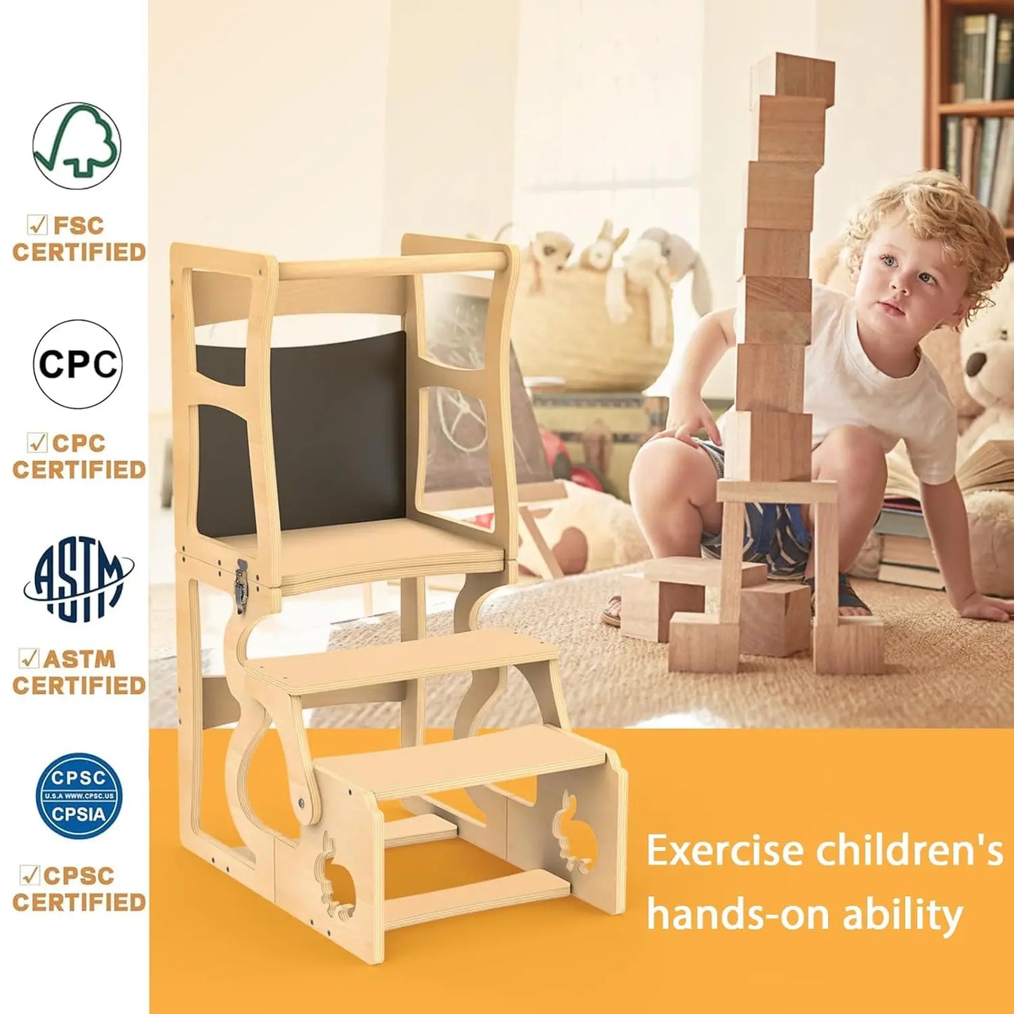 Foldable Toddler Kitchen Stool with Chalkboard and Safety Rail