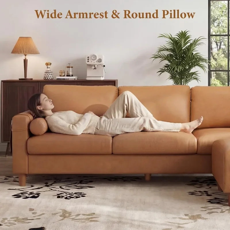 Faux Leather L Shaped Sofa With Movable Ottoman Side Pocket