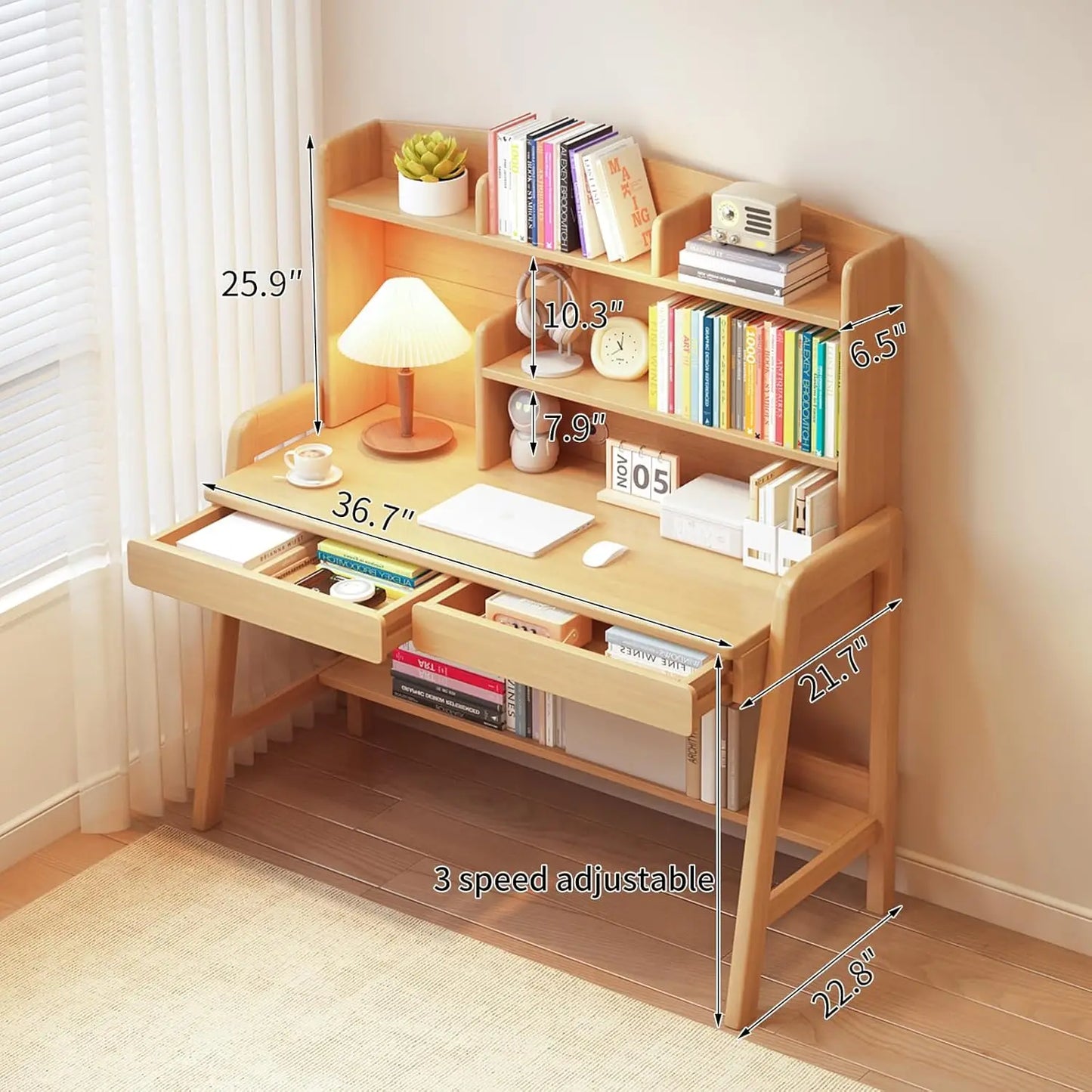 Kids Wooden Desk With Bookshelf Two Drawers Adjustable Study