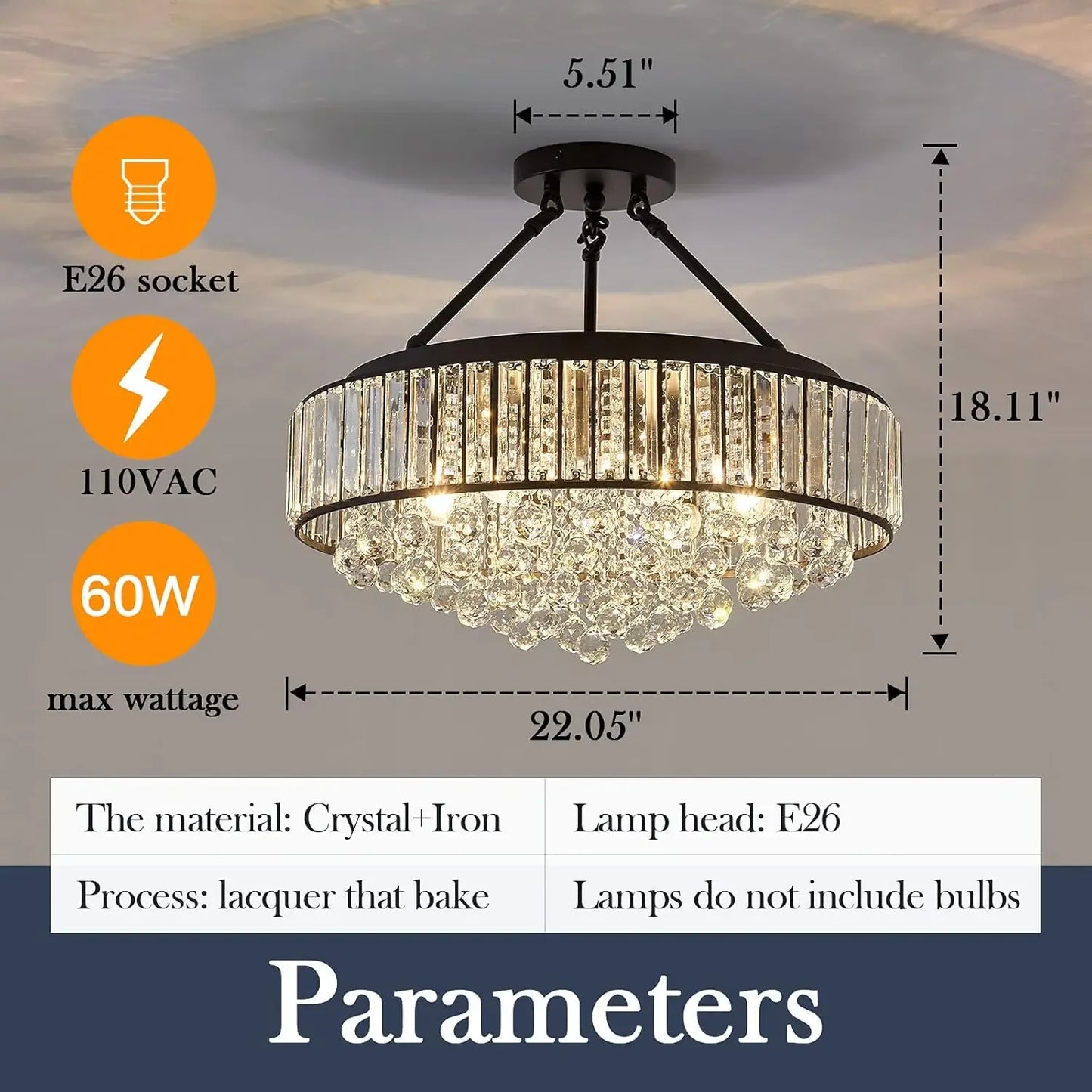 6-Light Modern Crystal Chandelier Metal E26 Semi Flush Ceiling Light
