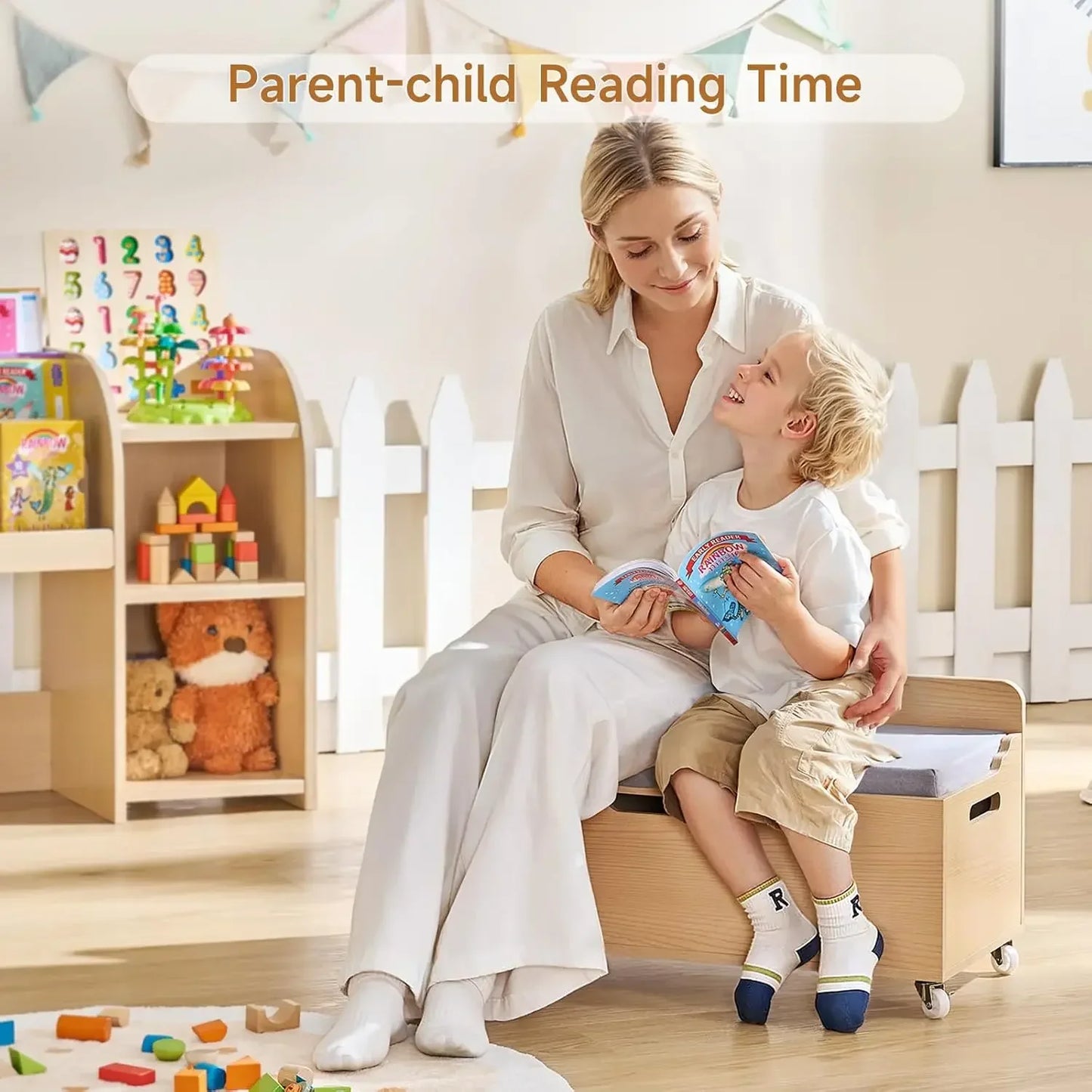 Kids Reading Nook Bench Movable 3 Tier Bookshelf With 6 Cubbies