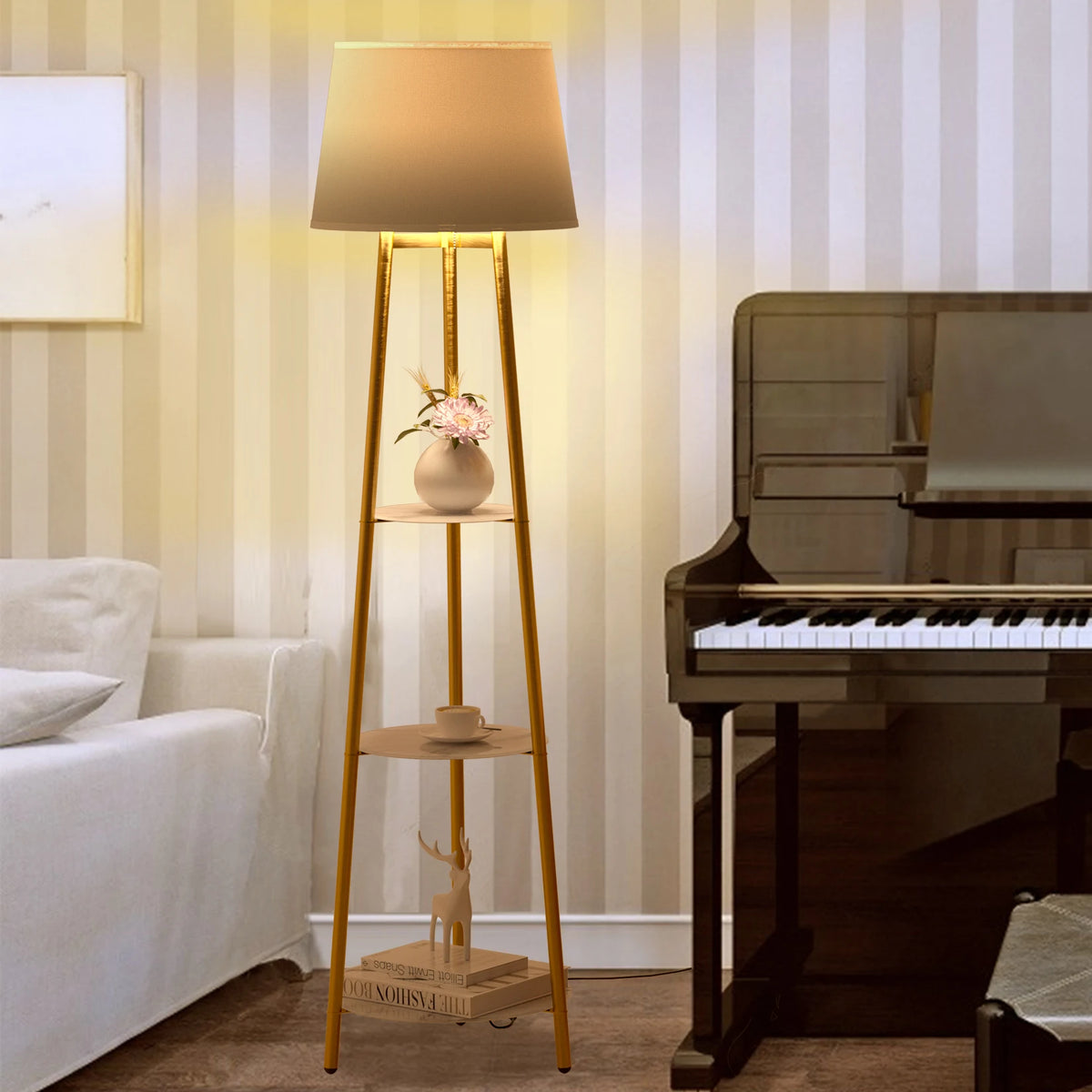 Vrygle Tripod Floor Lamp With Storage Shelves And Dimmable LED