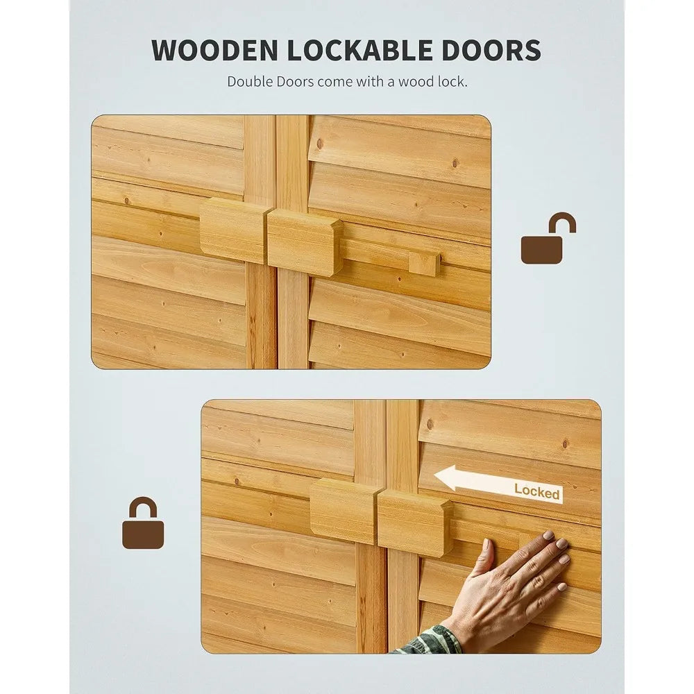 Wooden Outdoor Storage Cabinet With 3 Shelves And Double Locking Waterproof Roof