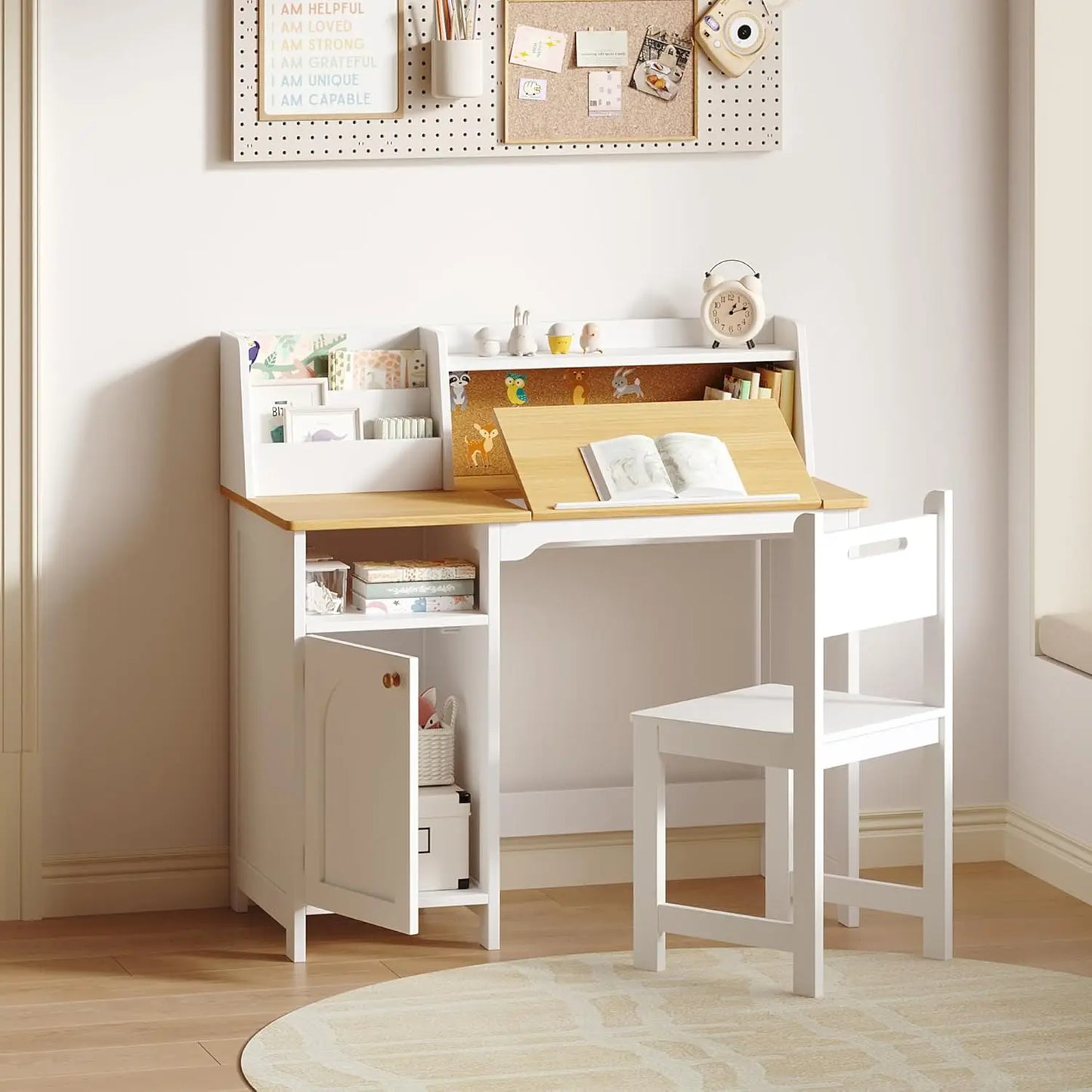 Kids Study Desk And Chair Set With Hutch Tiltable Desktop