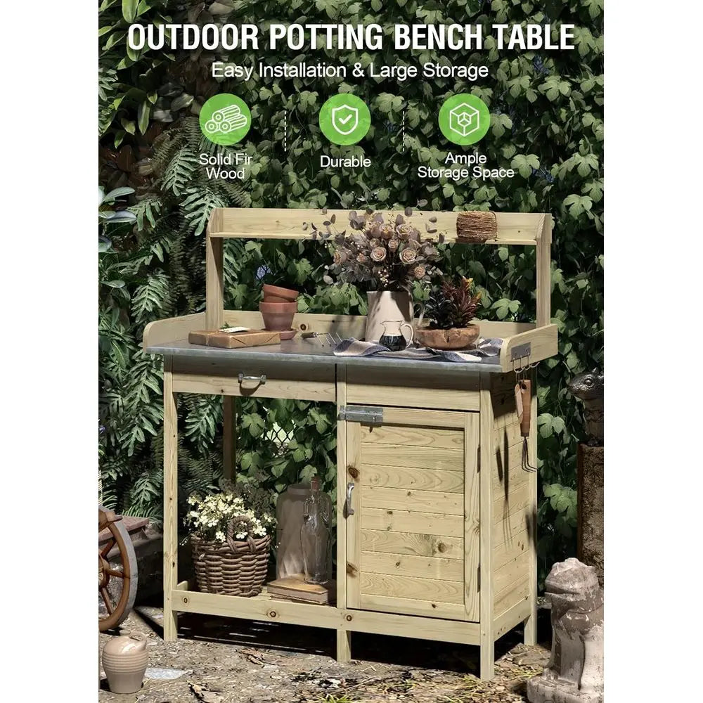 Fir Wood Outdoor Potting Bench With Sink And Storage