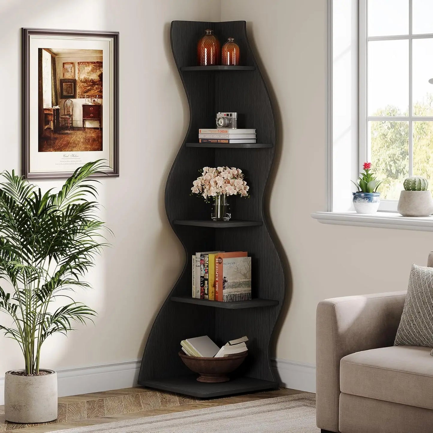 Modern 5-Tier Curvy Corner Shelf Rack For Living Room
