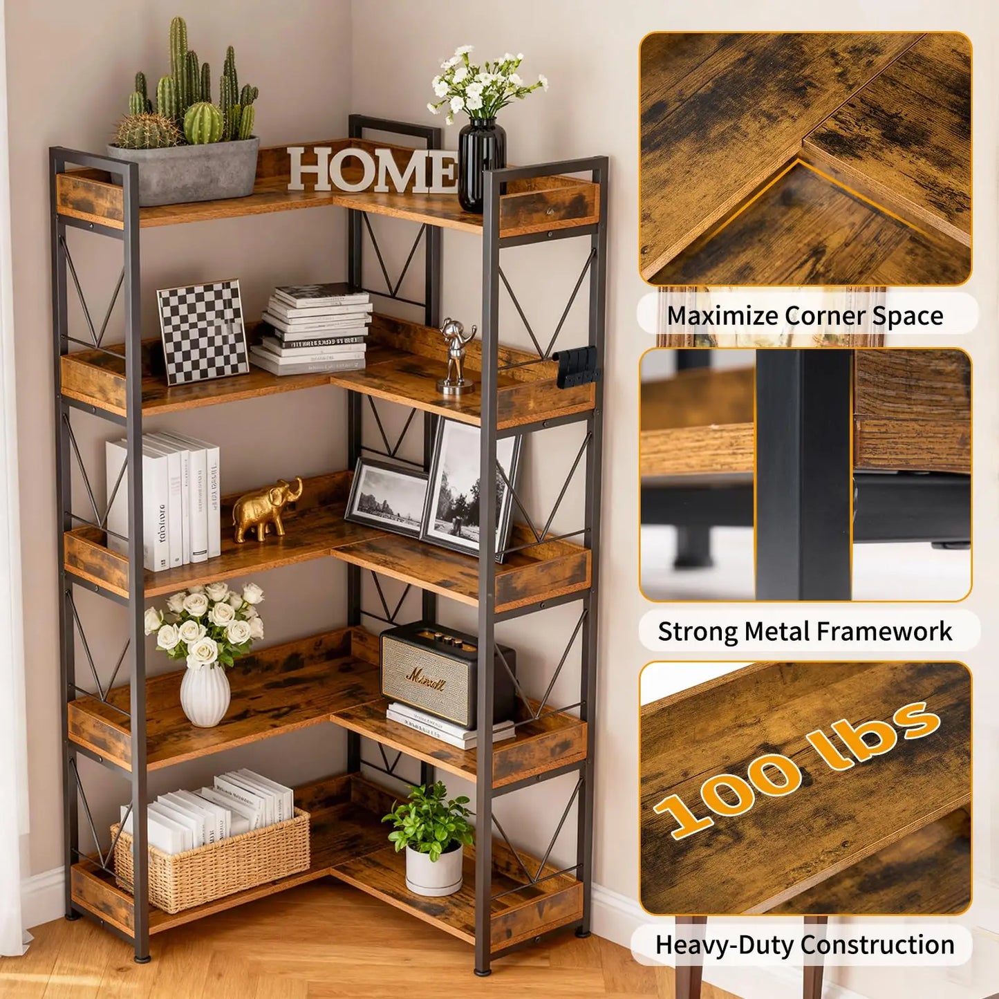 JHK 5 Tier L Shaped Corner Bookshelf With Hooks Wooden