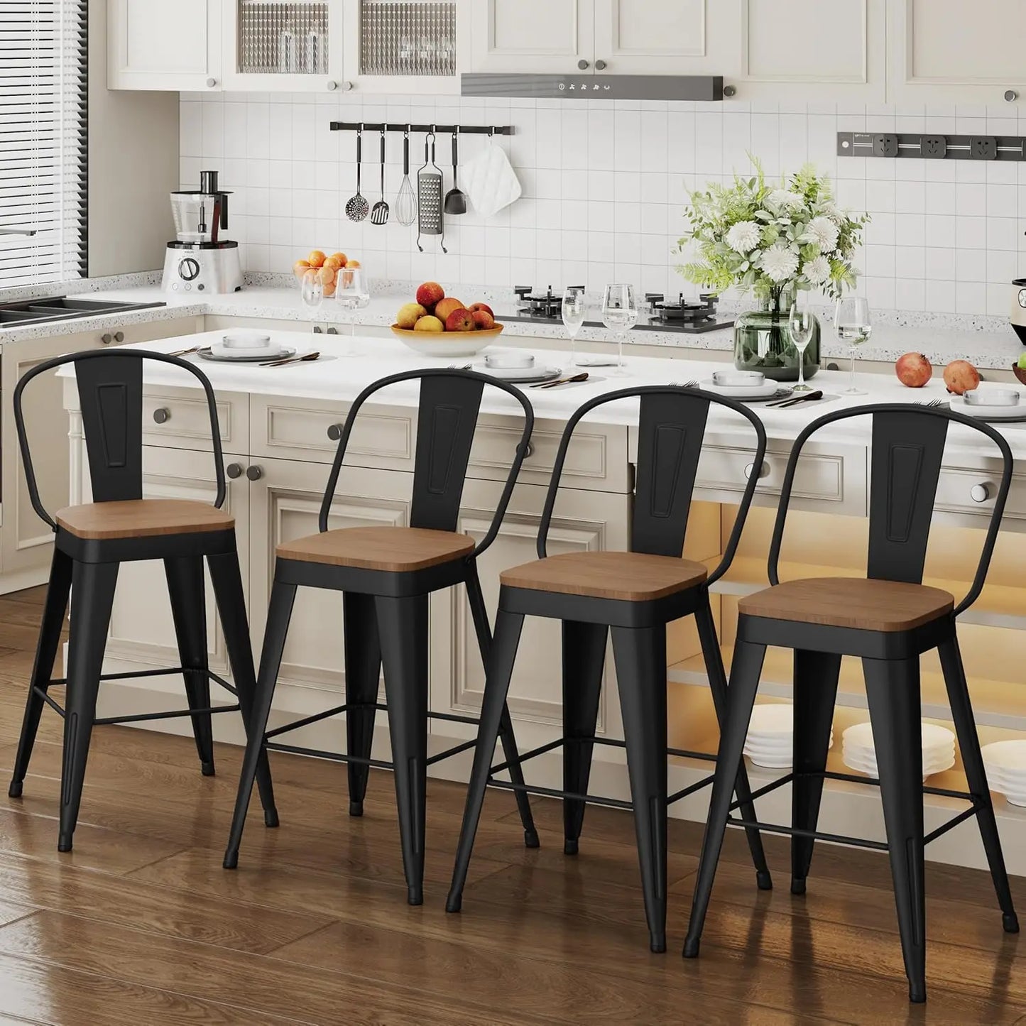 Industrial Bar Stools Set Of 4 With High Back And Wood Seat