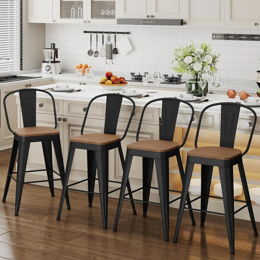Industrial Bar Stools Set Of 4 With High Back And Wood Seat