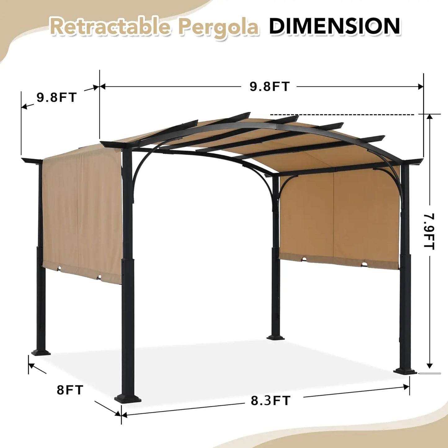 Outdoor Retractable Pergola With Sun Shade Canopy For Patio Garden
