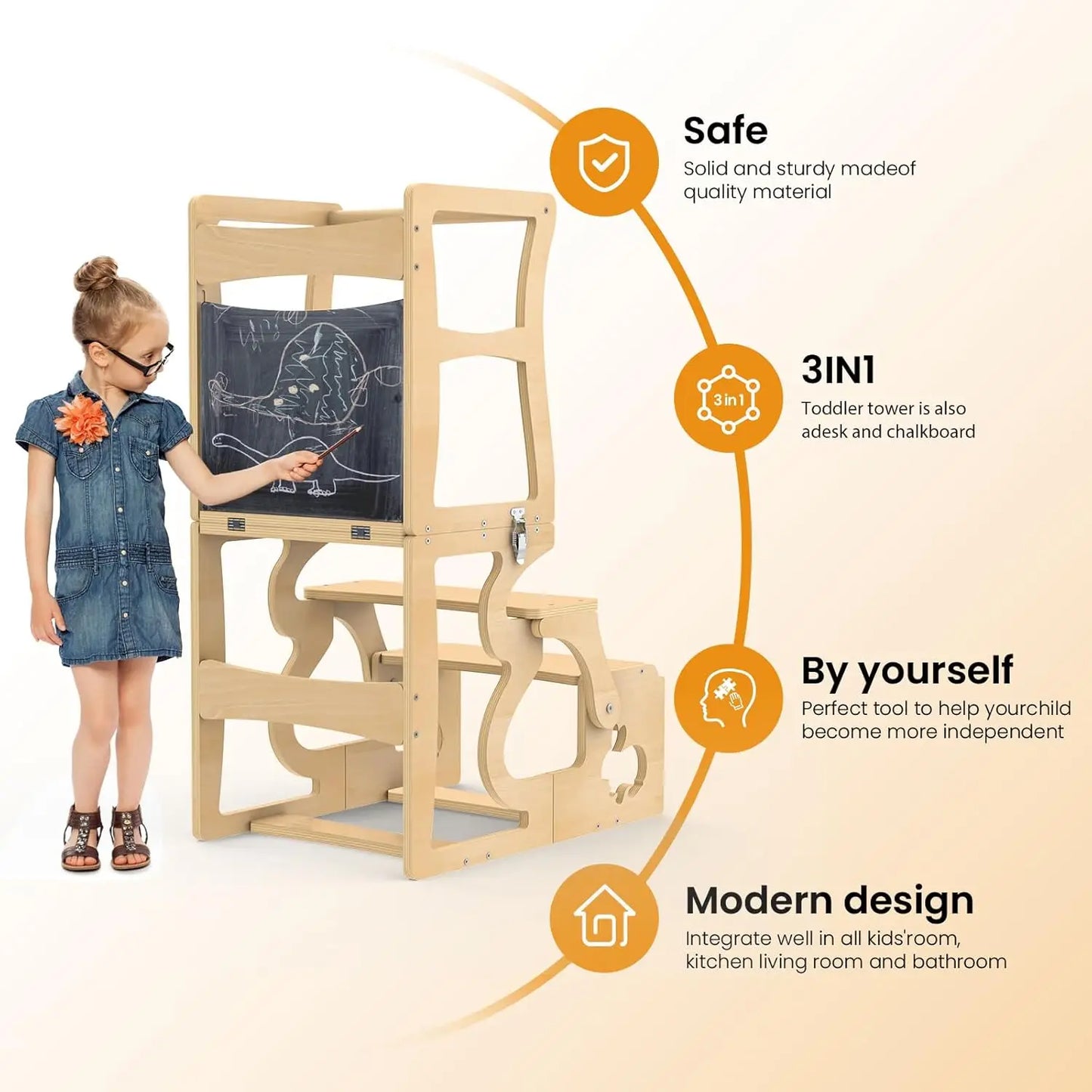 Foldable Toddler Kitchen Stool with Chalkboard and Safety Rail