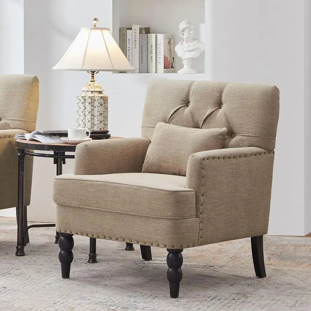 Linen Fabric Upholstered Accent Chair With Lumbar Pillow