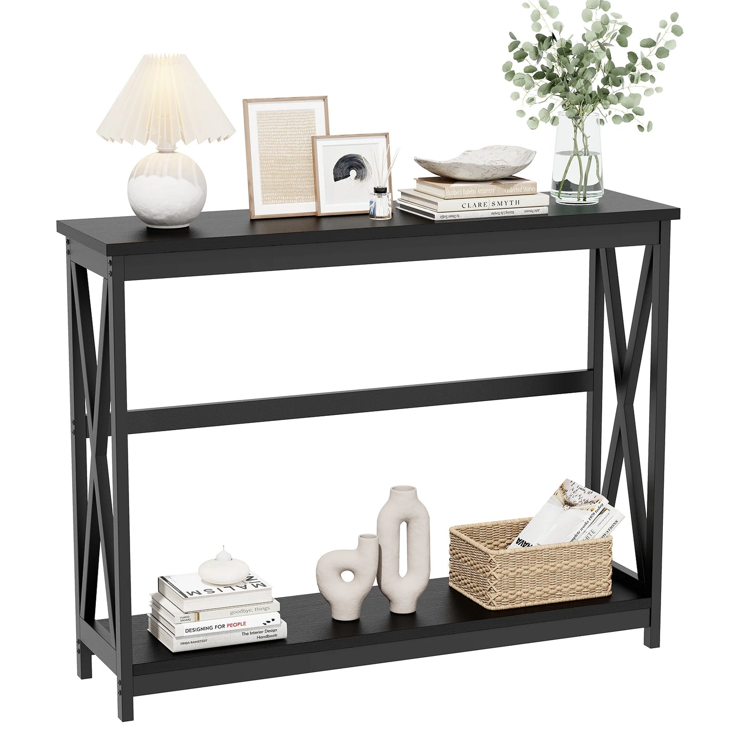 JHK Modern 2 Tier Console Table With Metal X Frame