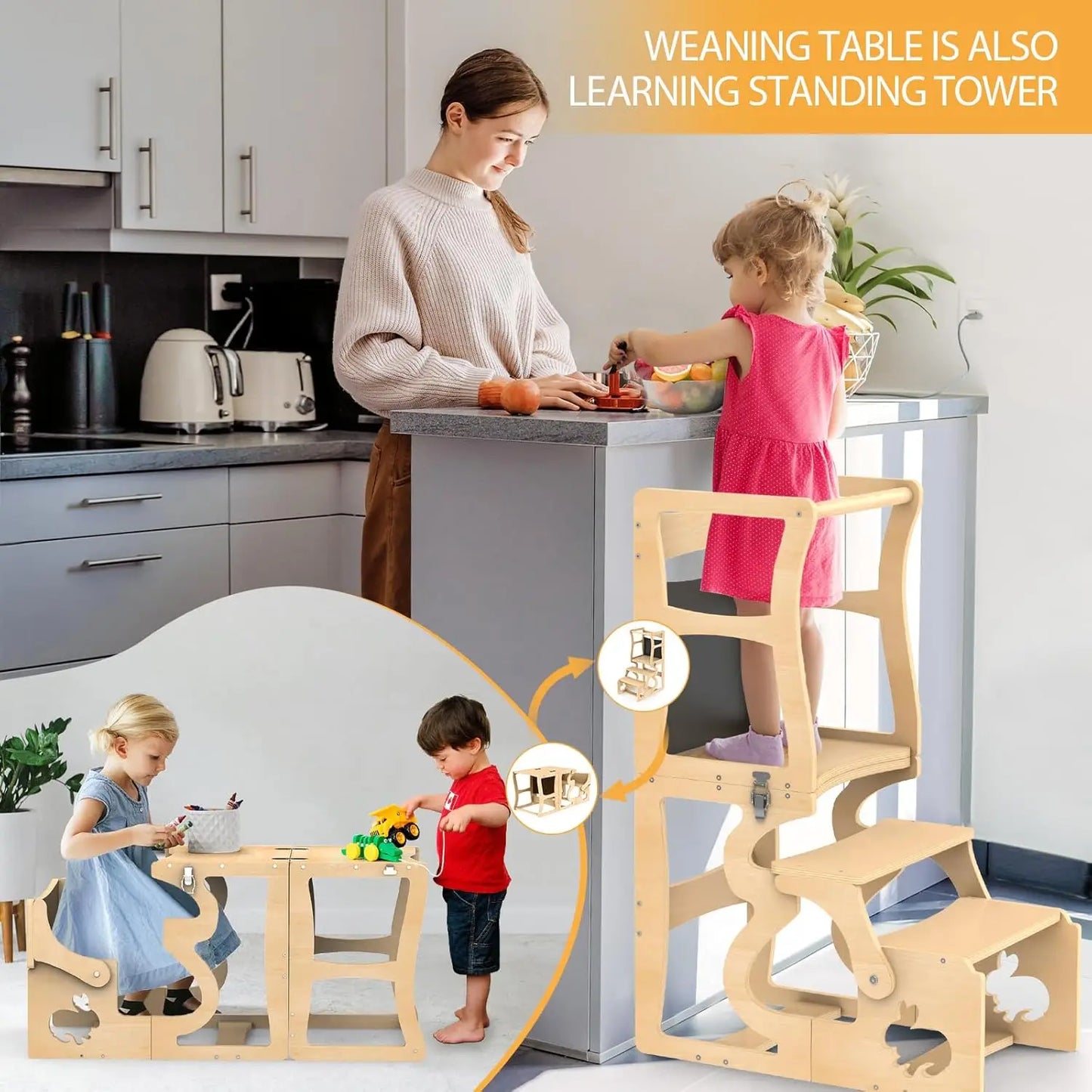 Foldable Toddler Kitchen Stool with Chalkboard and Safety Rail