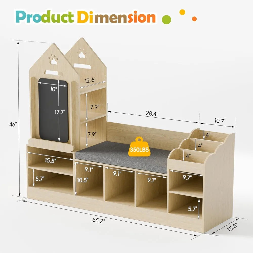 Natural Oak Kids Bookshelf And Reading Nook With Chalkboard Bench