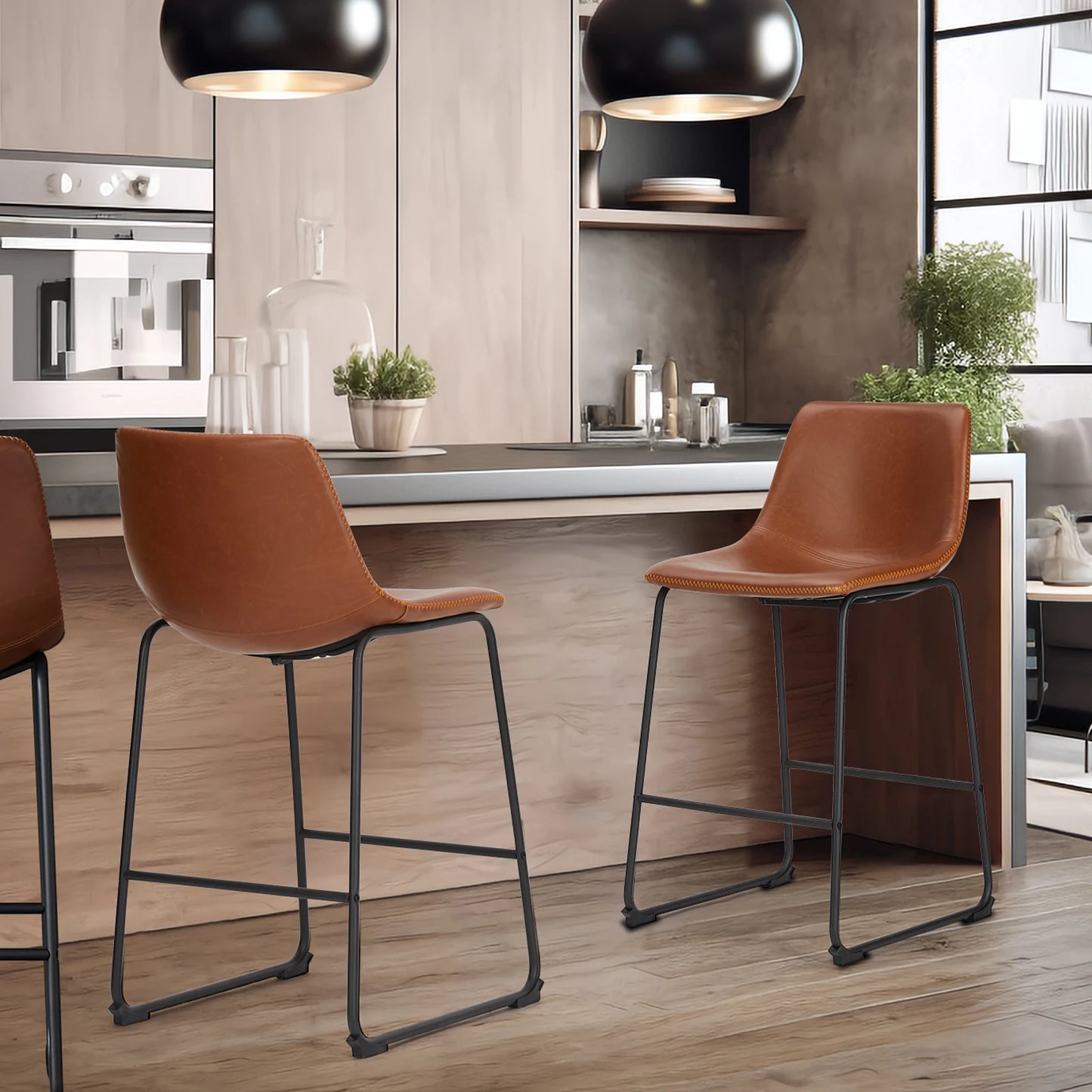 JHK PU Leather Counter Height High Chair Set 2 Pack