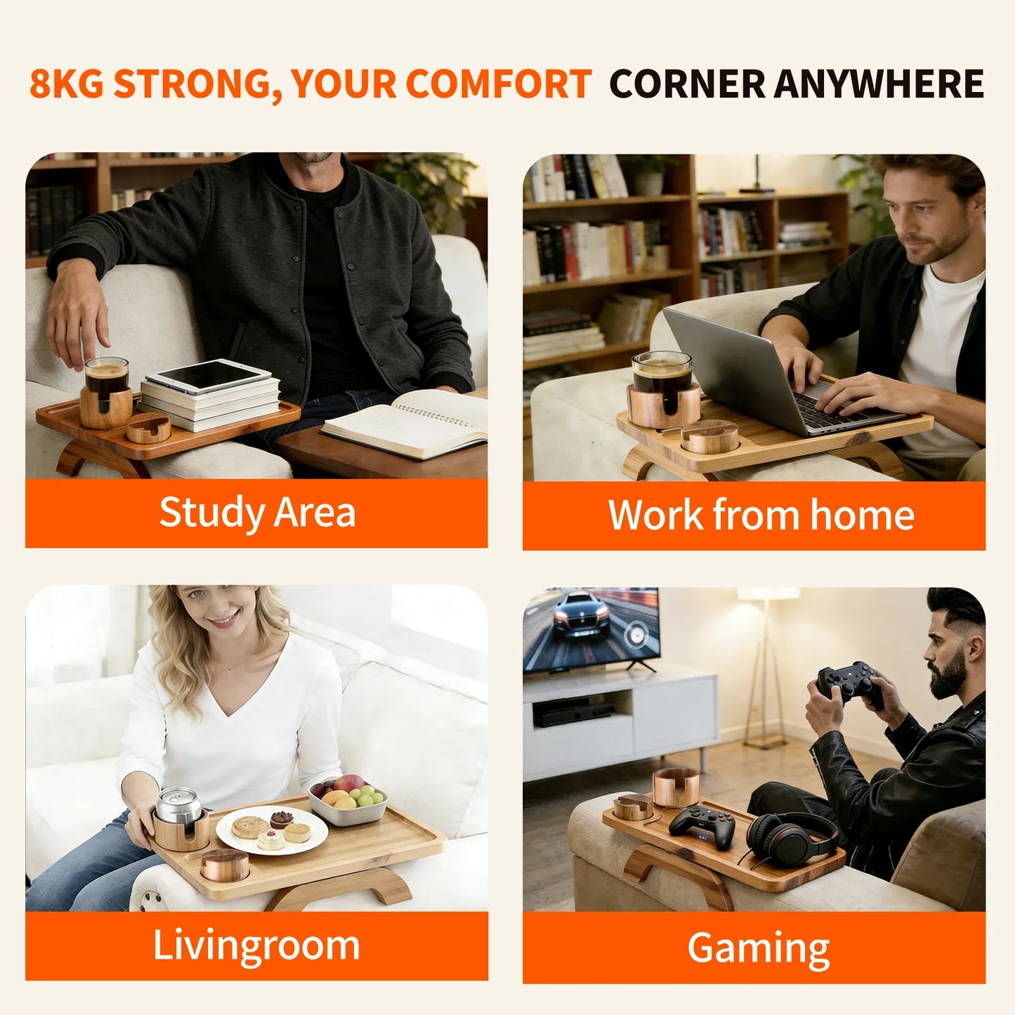 JHK Folded 3 In 1 Clip Sofa Armrest Tray With 360 Rotating Phone Holder