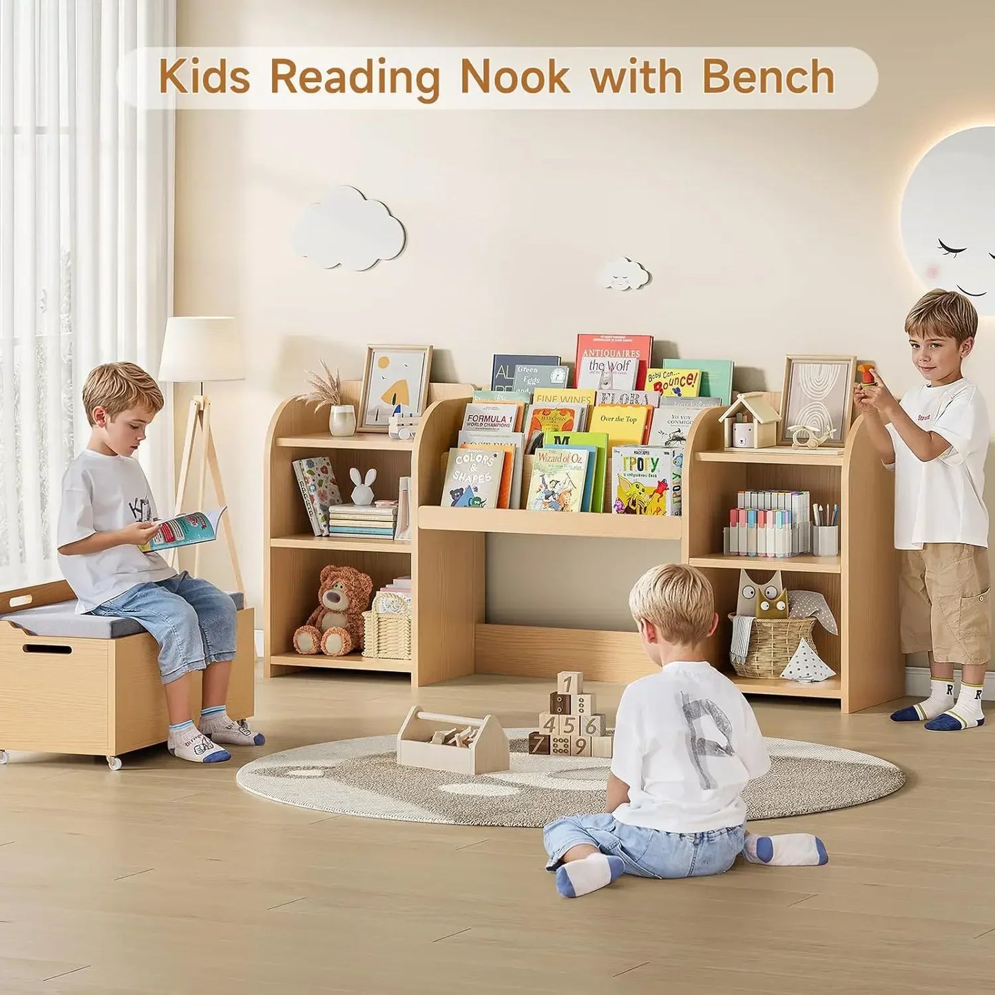 Kids Reading Nook Bench Movable 3 Tier Bookshelf With 6 Cubbies