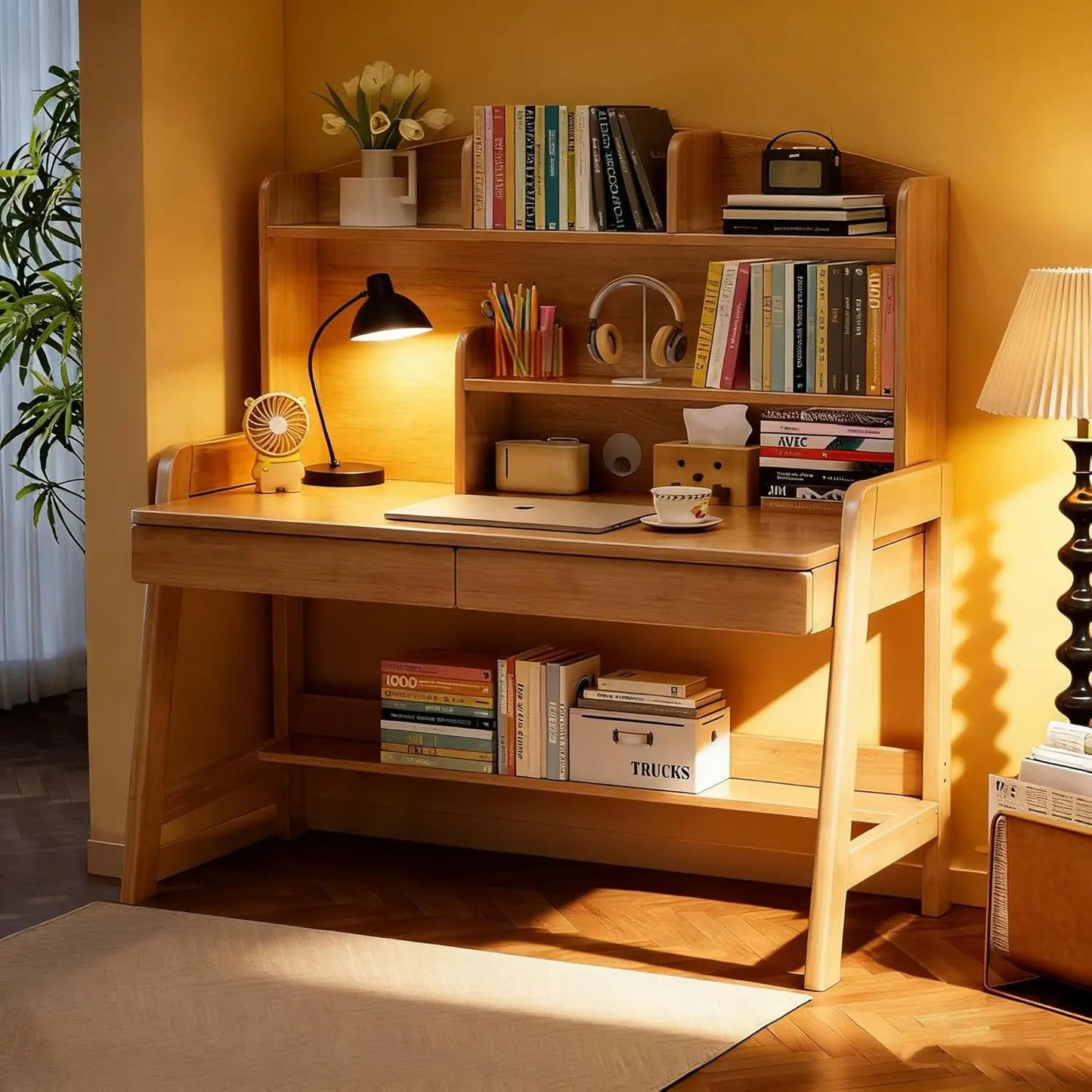 Kids Wooden Desk With Bookshelf Two Drawers Adjustable Study