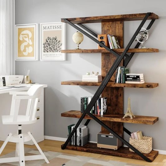 Five Tier Bookshelf With Metal Frame And Wood Shelves