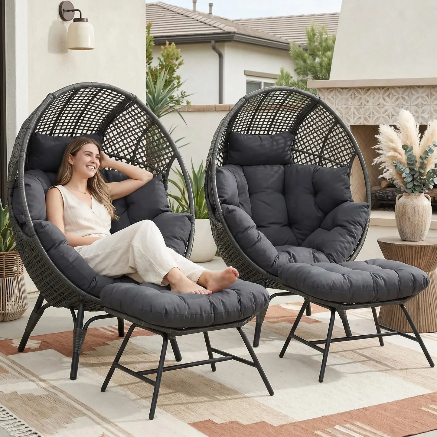 Two Person Egg Chair Indoor Outdoor Wicker Lounge With Ottoman