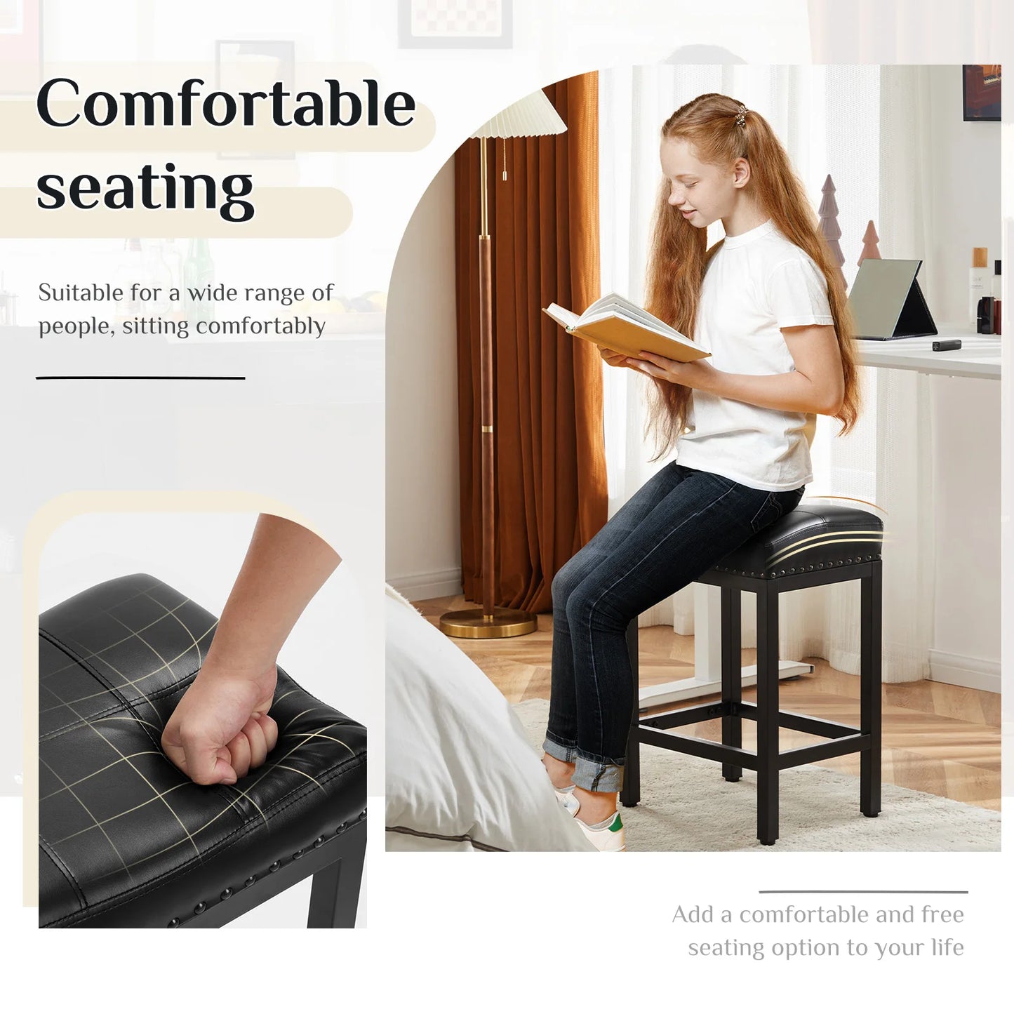 JHK Saddle Style PU Leather Bar Stools With Metal Base