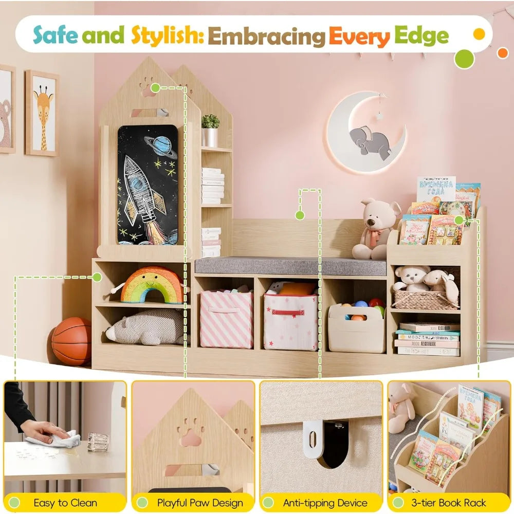 Natural Oak Kids Bookshelf And Reading Nook With Chalkboard Bench