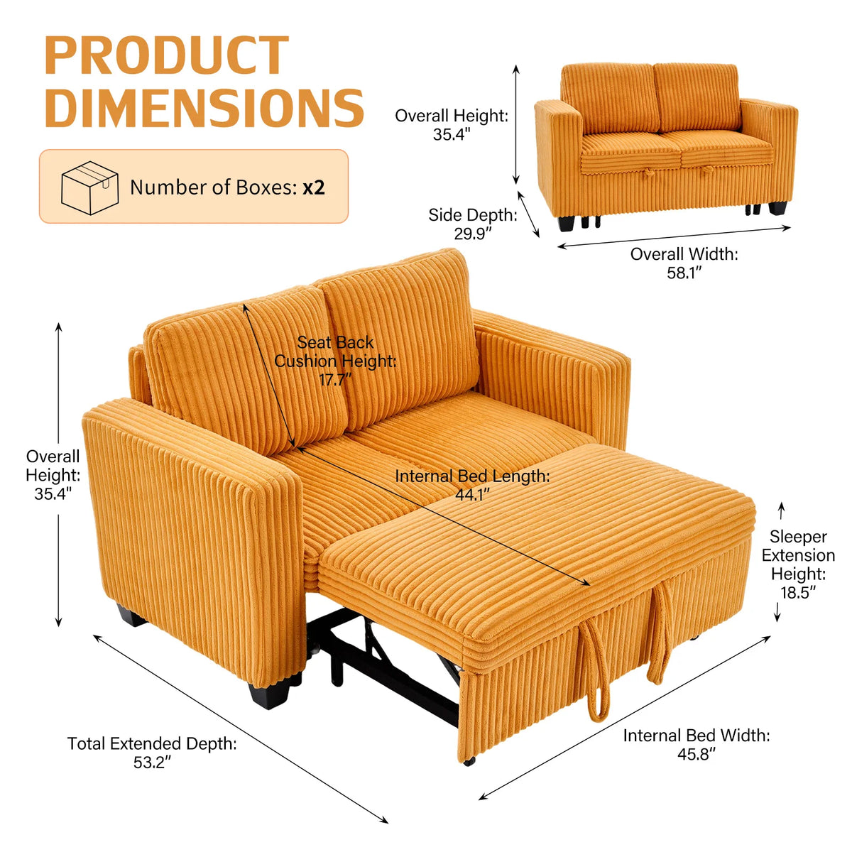 Modern Corduroy Convertible Sofa Bed With Solid Wood Frame