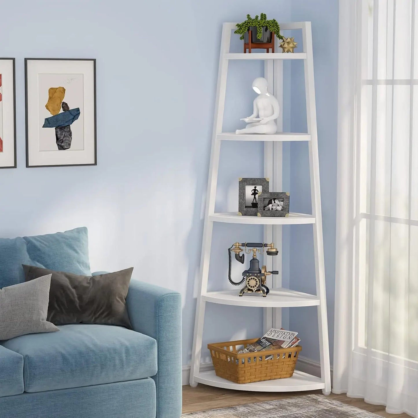 Five-Tier Corner Bookshelf And Bookcase For Living Room Or Office