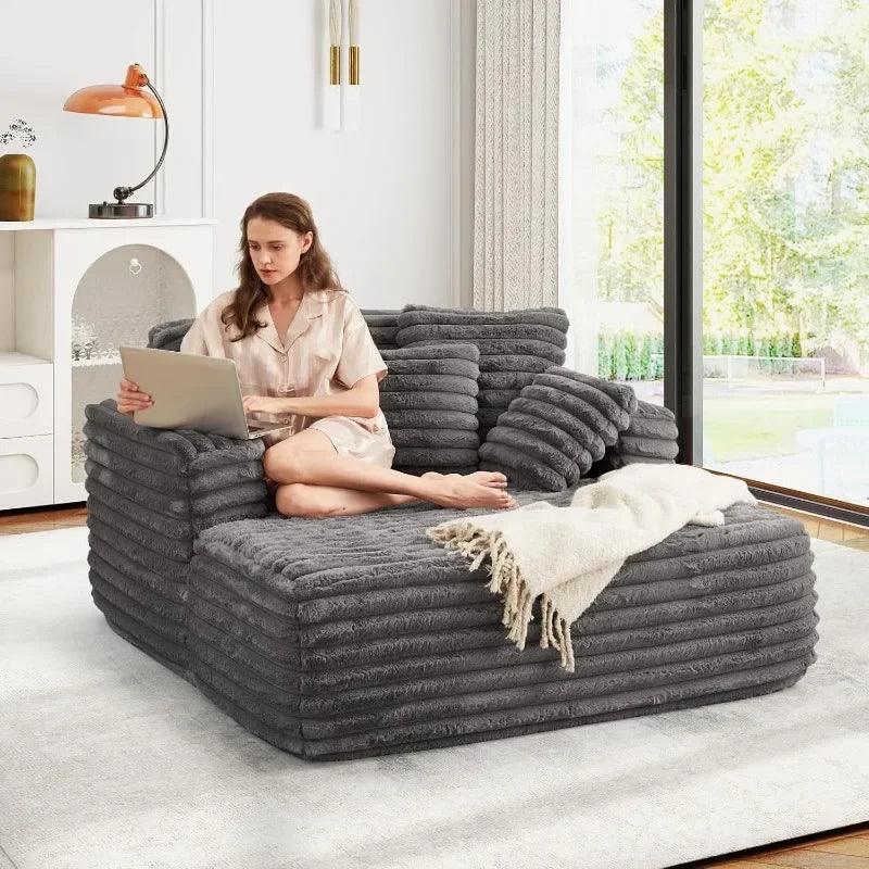 JEEOHEY Plush Faux Fur Chaise Lounge Chair Sleeper Sofa Bed With Pillows