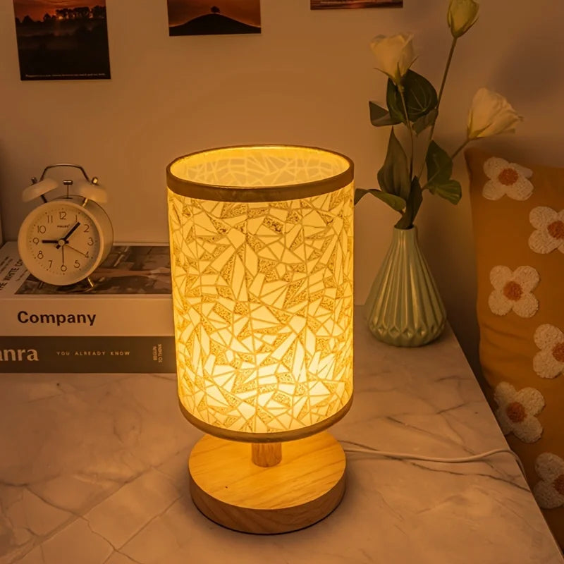 Wood Fabric Table Lamp Usb Powered Warm Light Bedroom Lamp