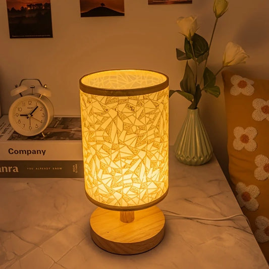 Wood Fabric Table Lamp Usb Powered Warm Light Bedroom Lamp