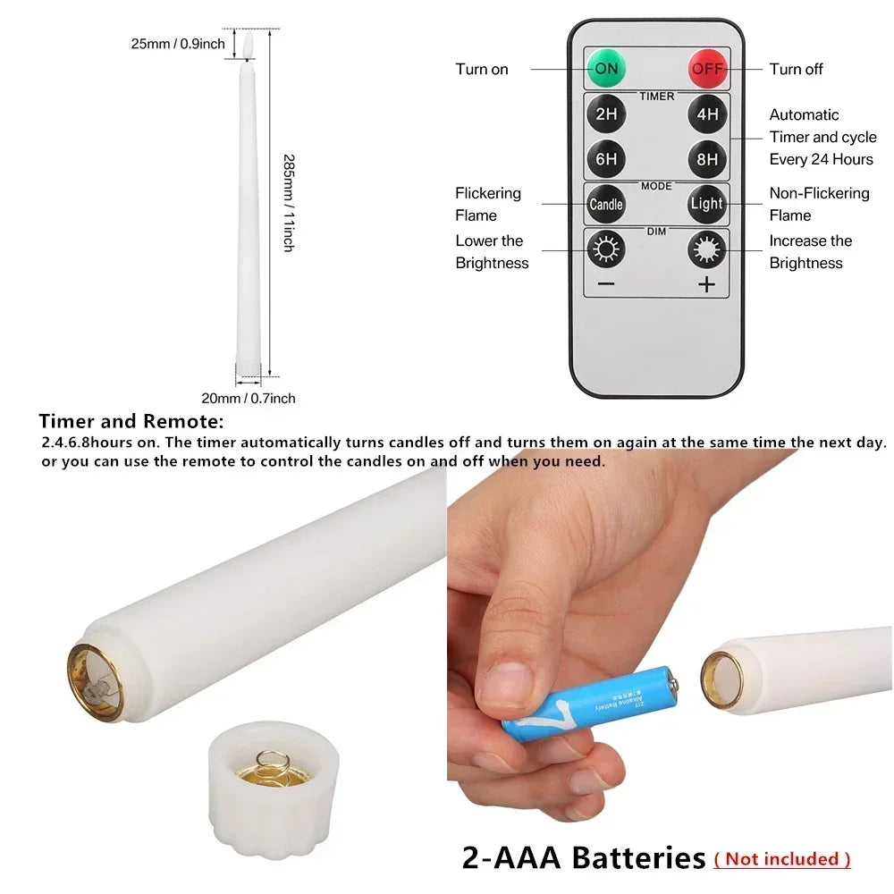 Battery Operated LED Taper Candles With Flickering Remote Control