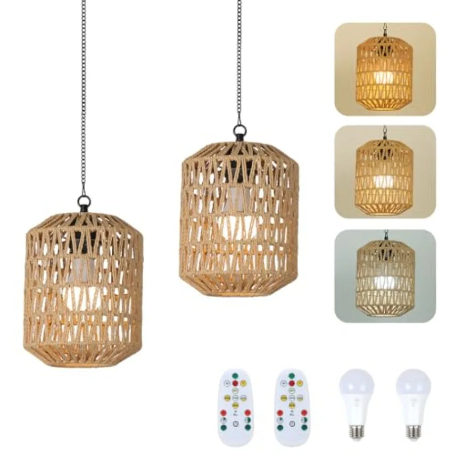 Battery Operated Boho Rattan Chandelier Cord Pendant Light With Remote