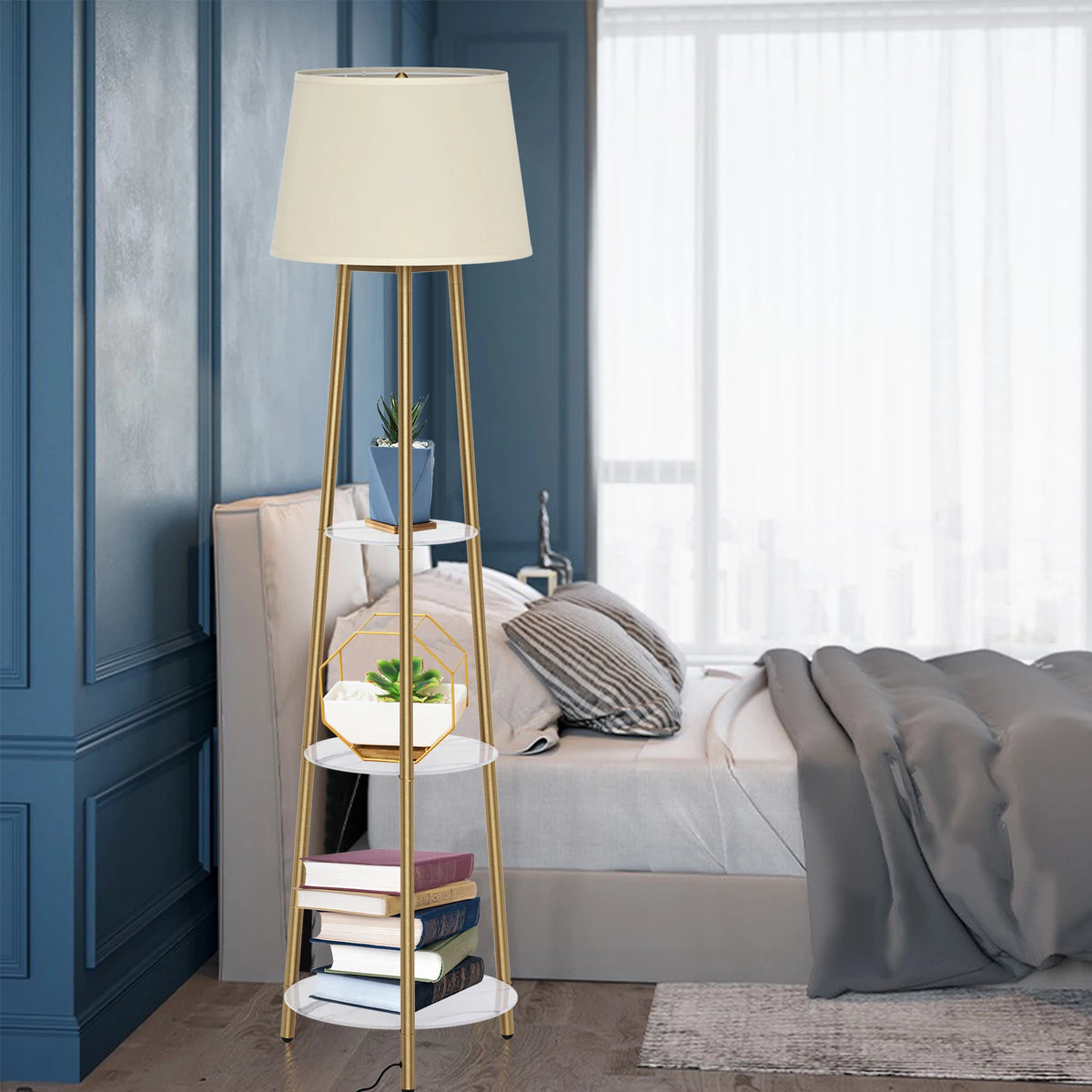 Vrygle Tripod Floor Lamp With Storage Shelves And Dimmable LED