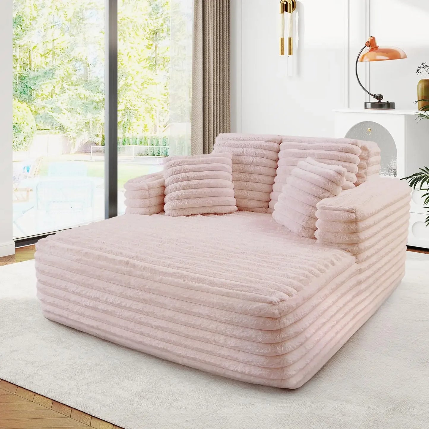 JEEOHEY Plush Faux Fur Chaise Lounge Chair Sleeper Sofa Bed With Pillows