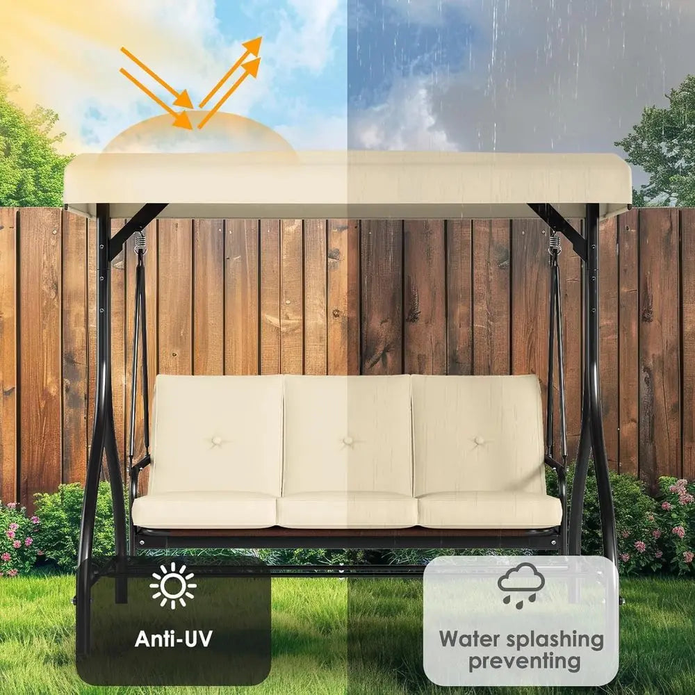 Three Seat Outdoor Patio Swing With Adjustable Backrest And Convertible Glider