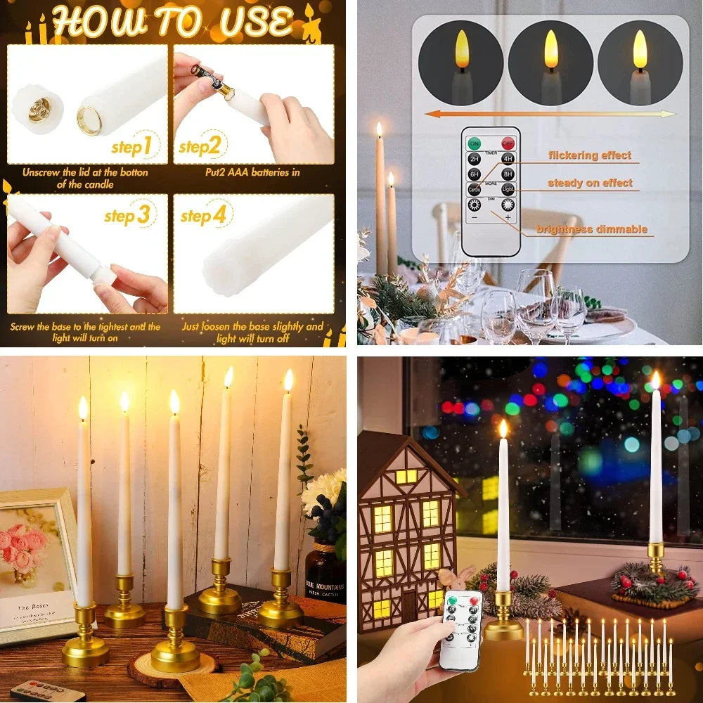 Battery Operated LED Taper Candles With Flickering Remote Control