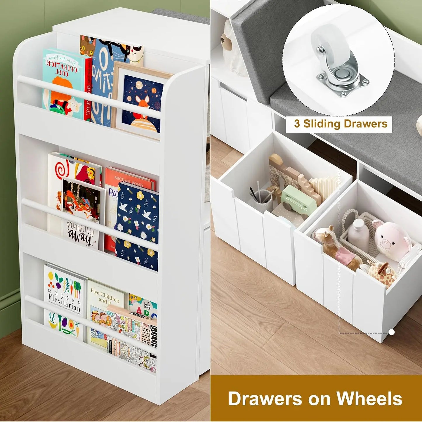 Kids Reading Nook With 3 Layer Bookshelf And Rolling Drawers