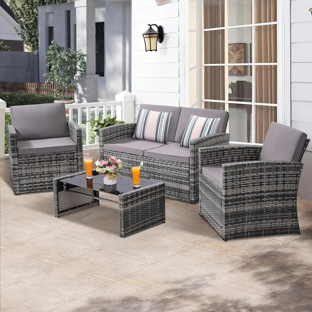 Outdoor Rattan Sofa Set With Cushions And Glass Table