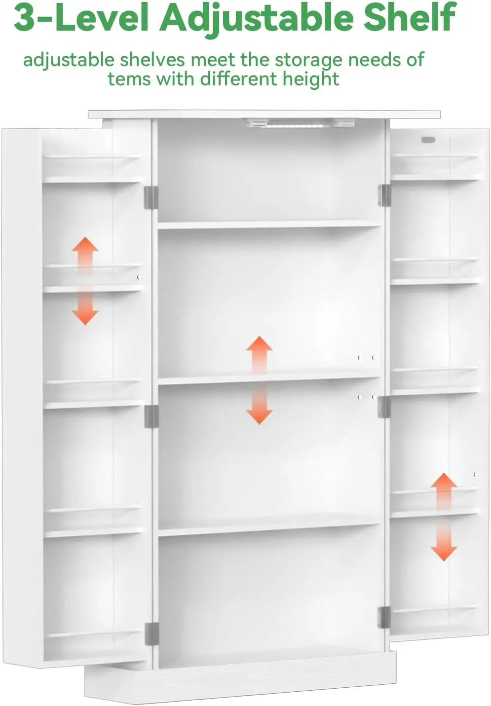 Led Kitchen Pantry Cabinet With Doors And Adjustable Shelves Freestanding