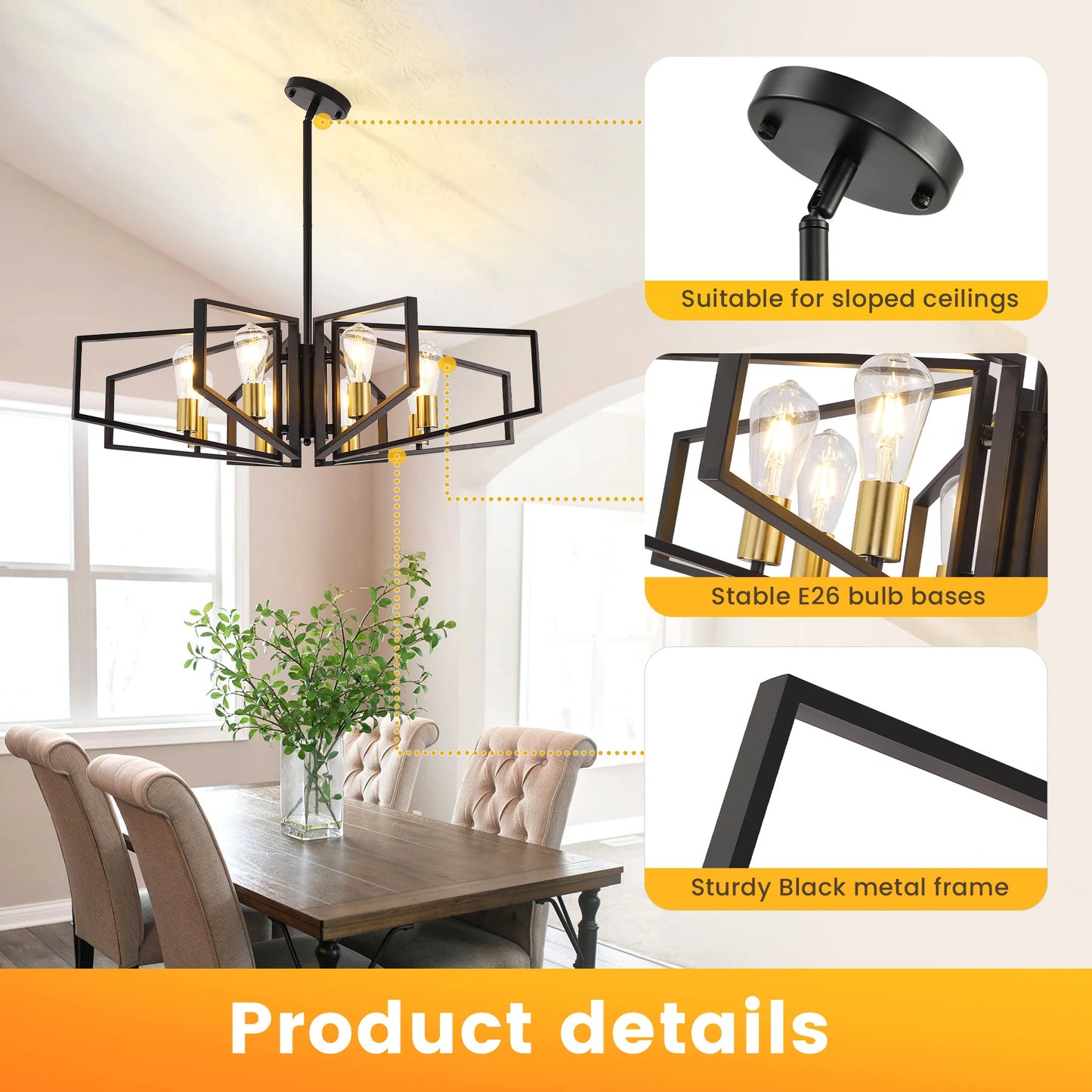 Modern 8 Light Geometric Chandelier Adjustable Height Metal Pendant Light