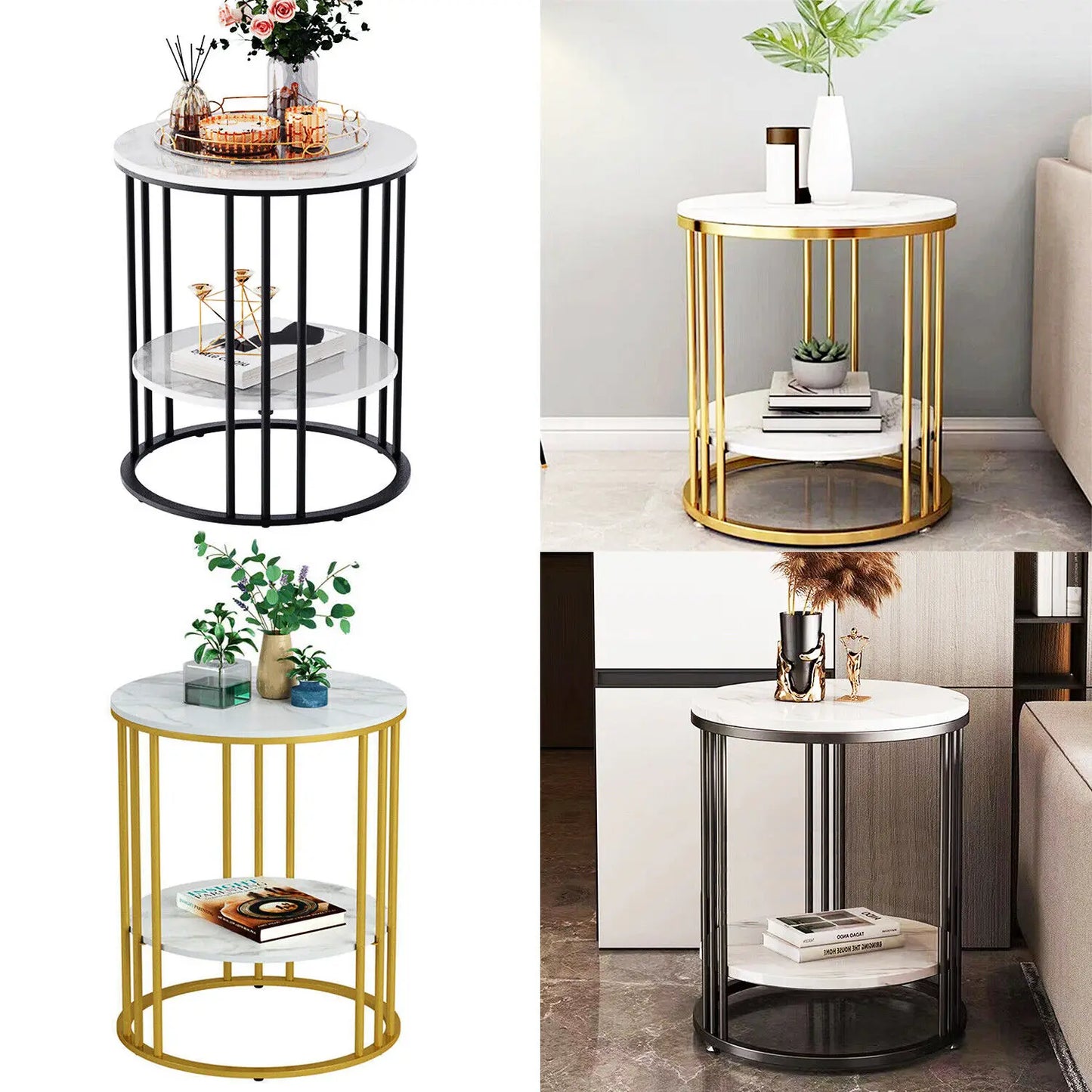 LUVODI Modern Round Sofa Side Table Two-Tier Metal Frame