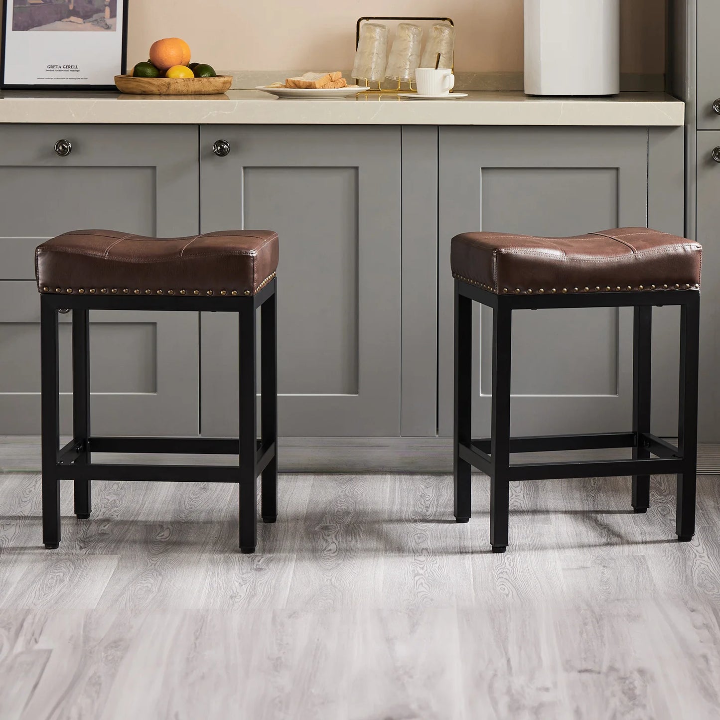 JHK Saddle Style PU Leather Bar Stools With Metal Base